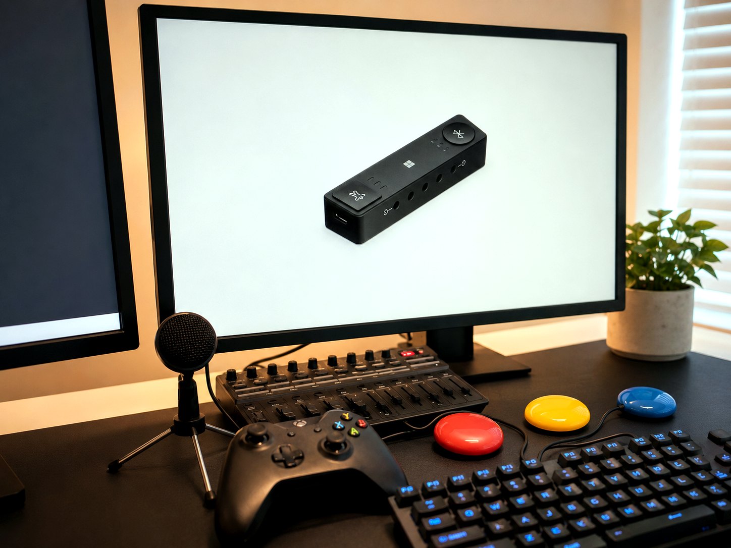 A desk with assistive technology being set up and tested